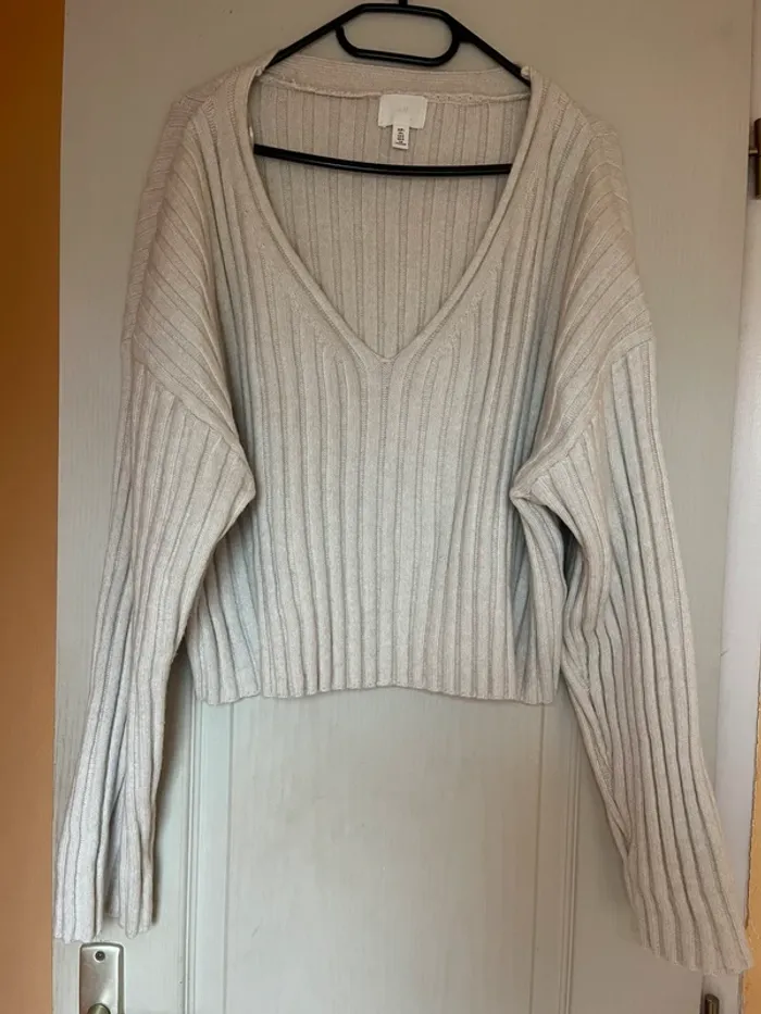 ensemble maille côtelé écru jupe et pull col v hm h&m crème - photo numéro 7