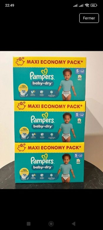 282 couches Pampers taille 5 Baby Dry lot de 3 cartons 