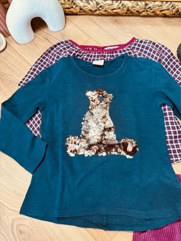 Taille 6 ans tenue 3 pièces fille multimarque violet bleu marine * carreaux sequins et velours * 🌸 - photo numéro 6