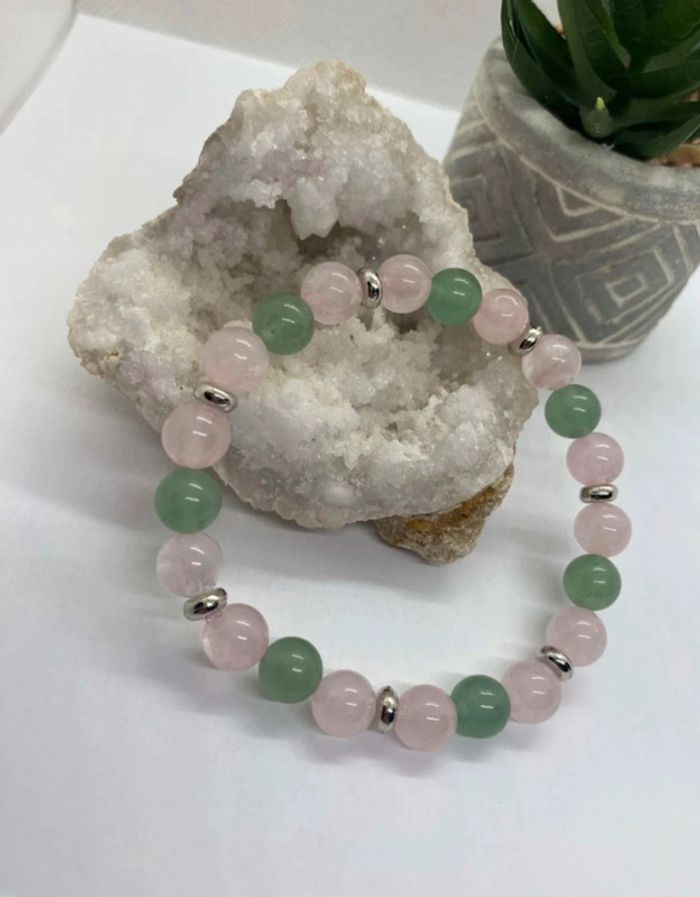 Bracelet aventurine verte et quartz rose 19 cm , lithothérapie - photo numéro 4