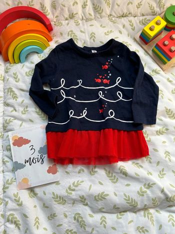 robe manches longues en coton et tulle bleu marine et rouge 3 mois