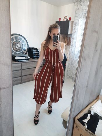 Combipantalon femme rayé marron et blanc t34
