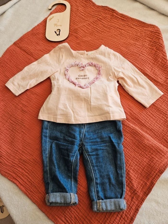 Ensemble tee shirt a manches longues - Jean/ 3 mois