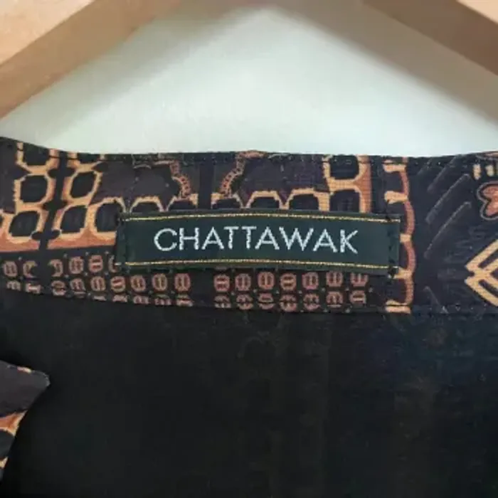 Blouse fluide imprimé ethnique noir et camel Chattawak – taille M, col tunisien V041 - photo numéro 8