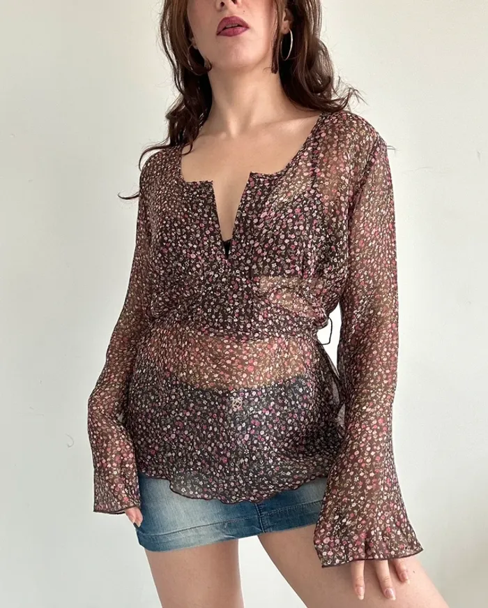 Blouse transparente marron à fleurs taille L - photo numéro 6