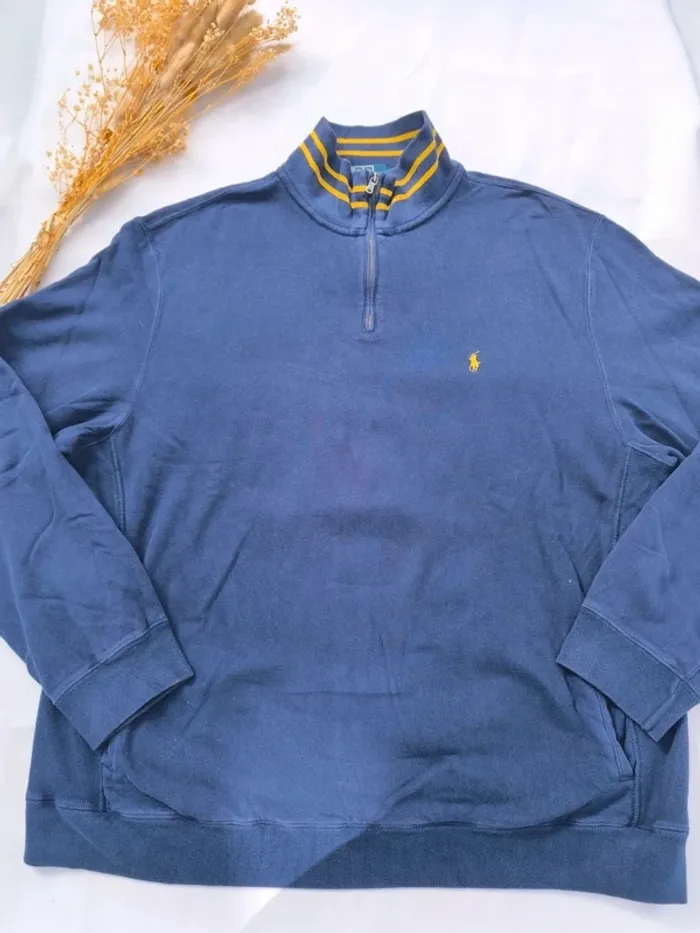 Pull homme 1/4 zippé Ralph Lauren taille XL Bleu avec col rayé jaune - photo numéro 3