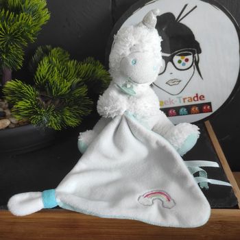 Doudou Baby nat' Mouchoir Licorne Bn0337 Bleu Vert  Banc Arc En Ciel Argenté  #geektradedoudou