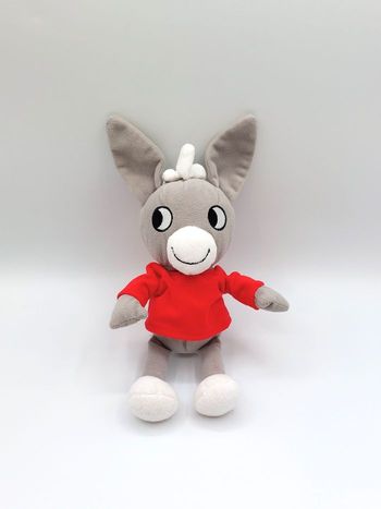 Doudou peluche âne Trotro AJENA Nounours gris blanc tee-shirt rouge 28 cm avec les oreilles