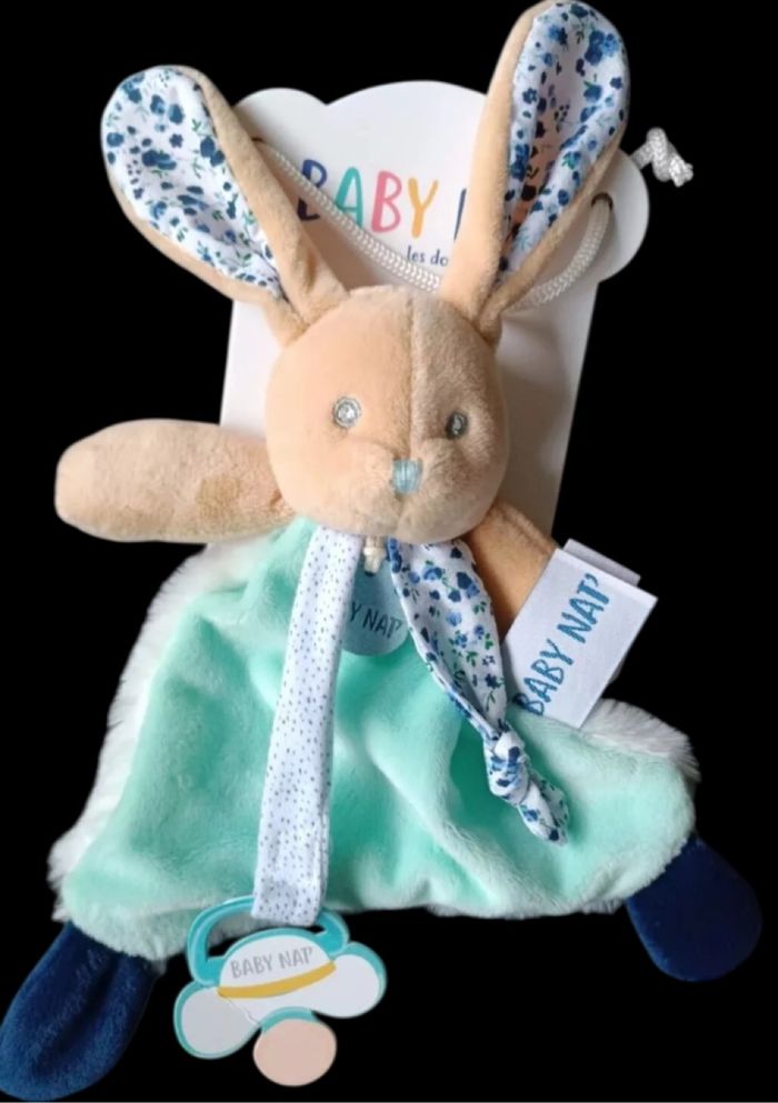❤️B345 Doudou Plat BABY NAT Lapin POUPI Marine blanc attache tétine fleur