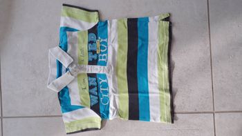 Polo rayé bleu, blanc, vert et gris