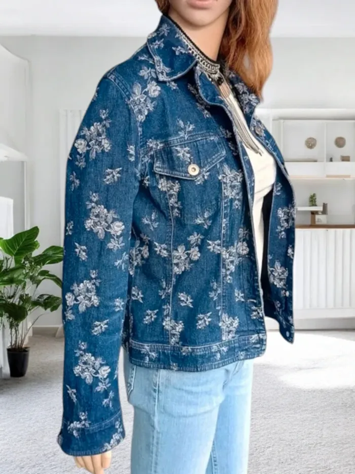 Veste en jean Hennes ,coupe droite , motifs blancs floraux, texture stretch - photo numéro 3