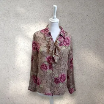 Chemisier fluide imprimé à fleurs et col avec froufrous 44