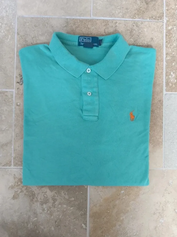 Polo Ralph Lauren homme L pima coton vert menthe logo orange excellent état petit défaut
