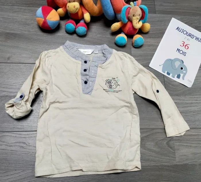T shirt manches longues retroussables beige garçon 3 ans Kidkanai