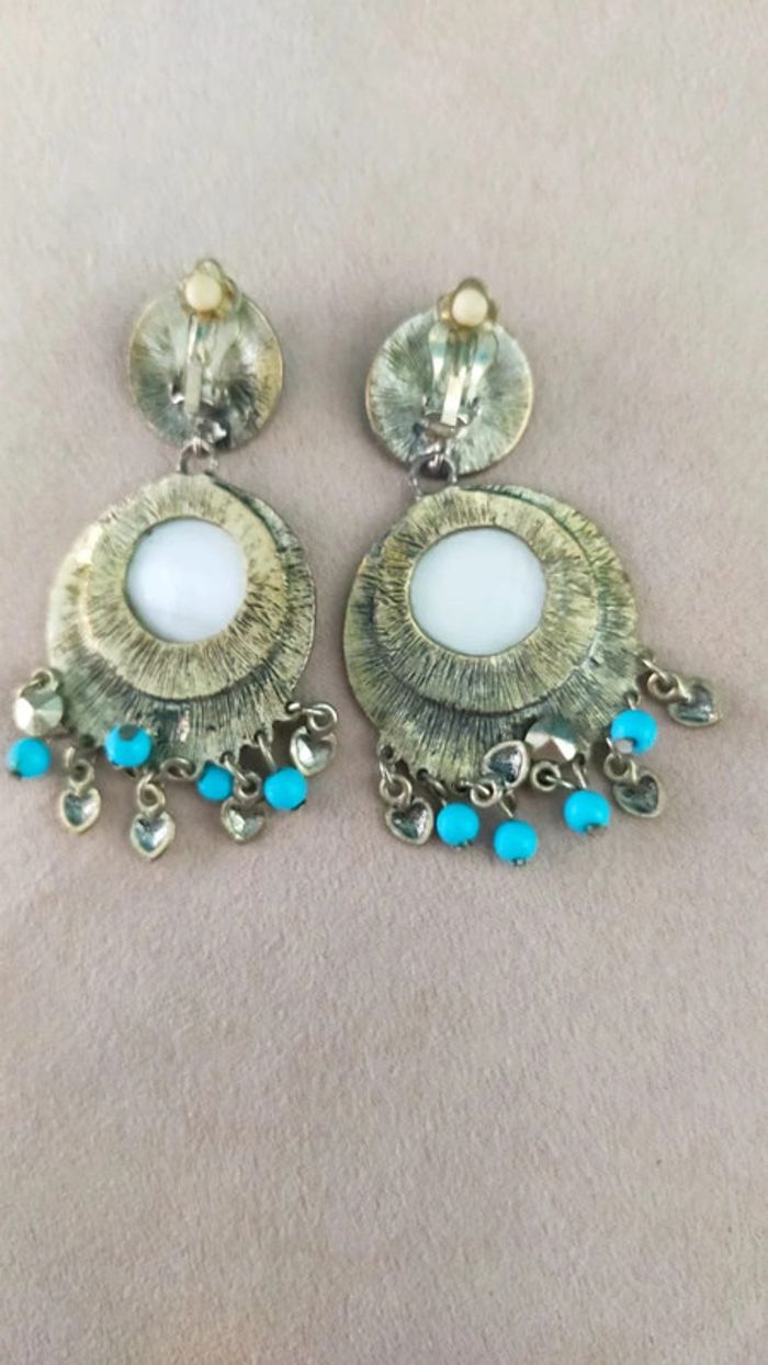 Boucles d’oreilles orientalisant et pampilles bleu turquoise vintage à clip - Collection Brume Bleue - photo numéro 4