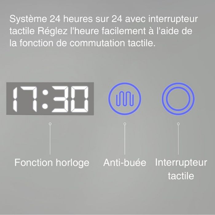 Miroir Salle de Bain avec Éclairage LED 80x60 cm, Luminosité Dimmable et 3 Couleurs Réglables, Fonction Antibuée, Affichage numérique Horloge et Température, Étanche Ip44, Bla - photo numéro 2