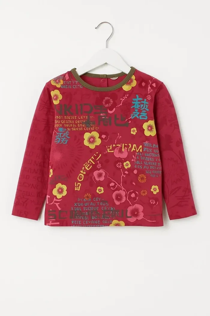 T-shirt manches longues fuchsia imprimé floral et caractères japonais - 5 ans