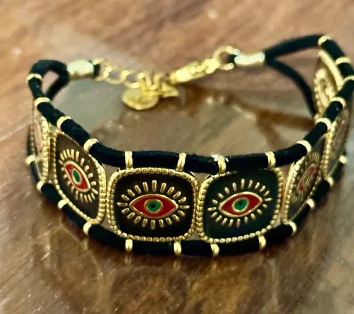 Superbe bracelet manchette cordon chaîne réglable médailles carrées œil réversible - photo numéro 2