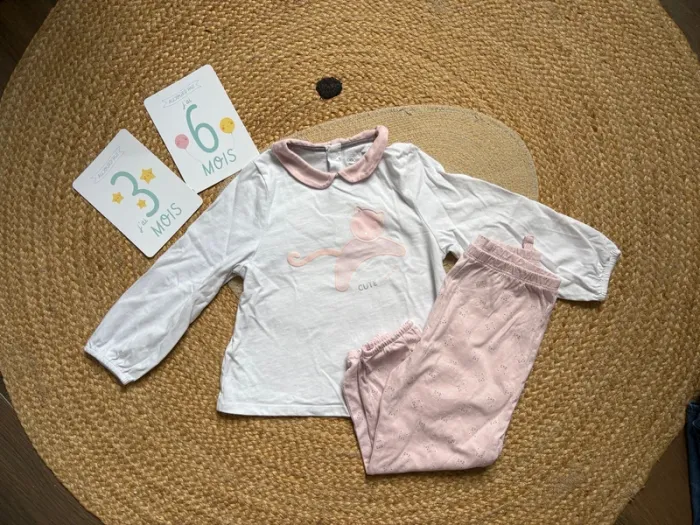 Pyjama 2 pièces blanc rose chat Obaibi 36 mois