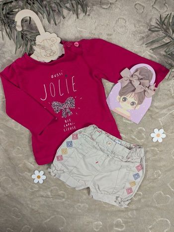 Ensemble bébé fille 6 mois - Short + maillot manches longues + élastiques cheveux - Très bon état
