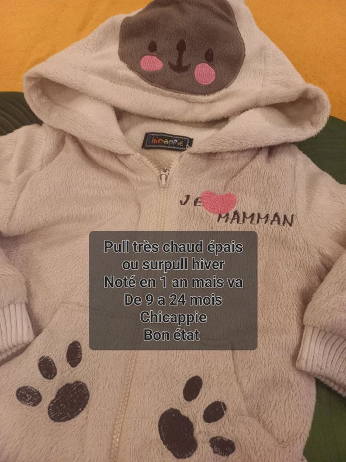Pull capuche ou veste zip très chaud lapin 12-18 mois