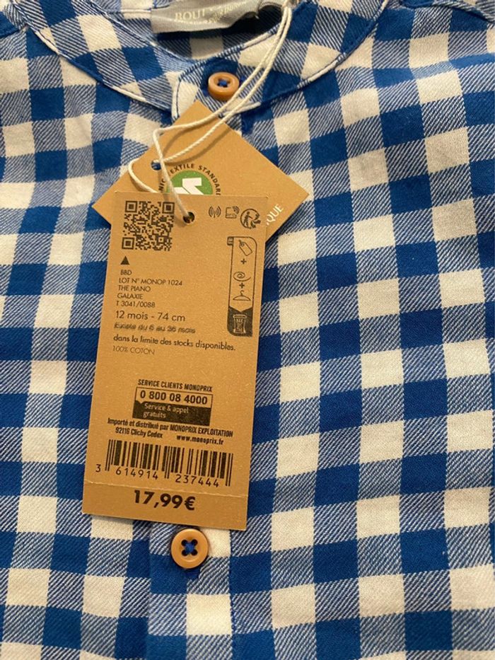 Chemise col mao à carreaux bleus Boutchou 12 mois - photo numéro 4