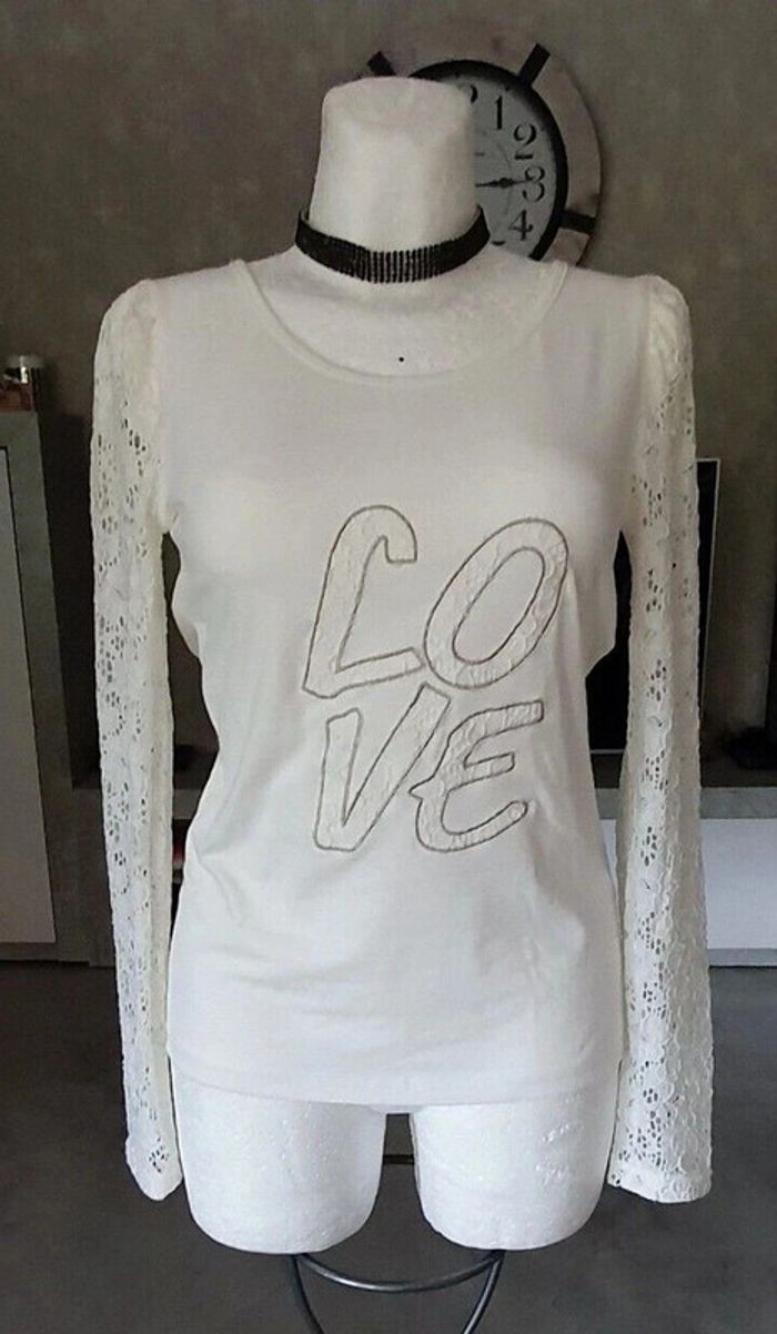 Beau T-shirt blanc manches dentelle T: 38/40 - photo numéro 9