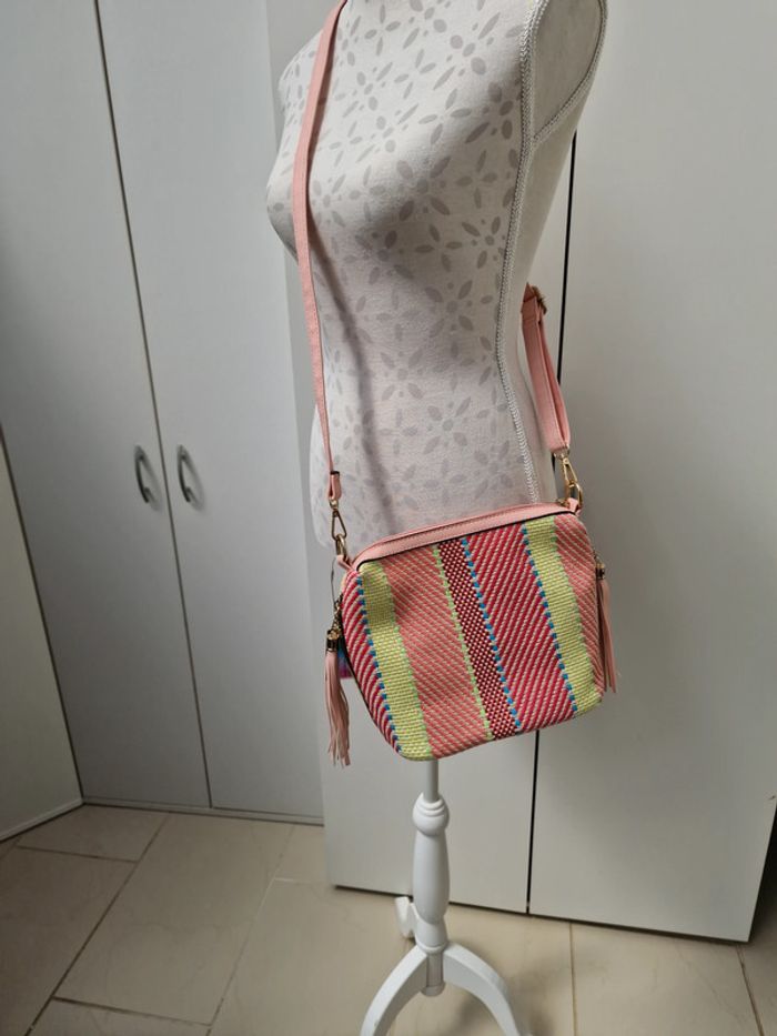 Sac Bandoulière Tressé Multicolore Pompons Franges Roses - photo numéro 5