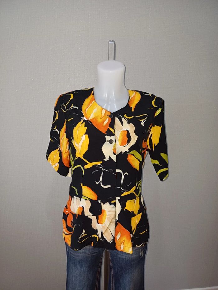Blouse noire fleurie manches courtes taille 40 afibel - photo numéro 2