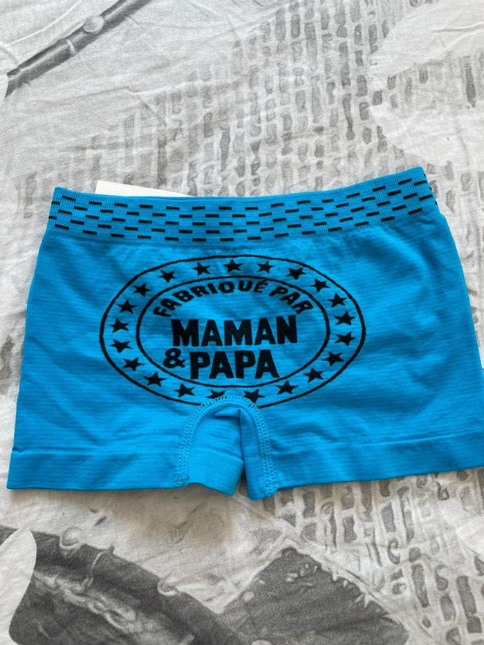 Boxer bleu neuf « fabriqué par papa et maman taille 2 ans