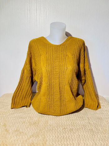 Pull torsadé jaune moutarde - nœud noir - Taille L