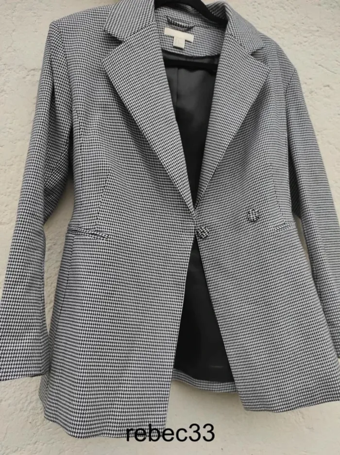 Veste blazer ajusté pied de poule h&m noir et blanc
