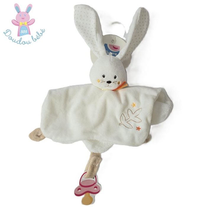 Doudou plat Lapin blanc beige pois étoiles Sucre d'Orge