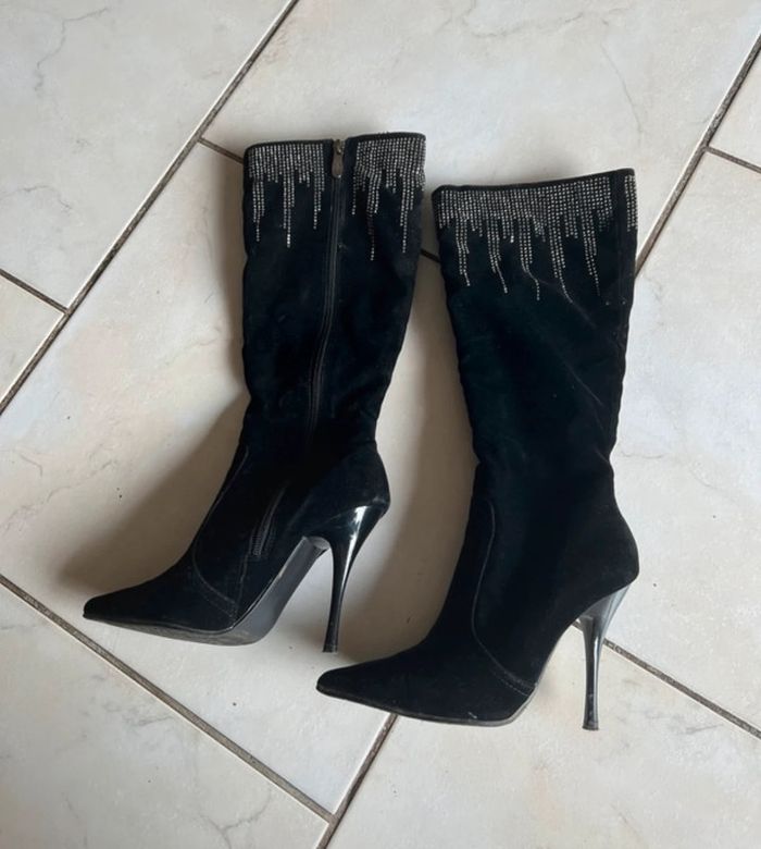 Bottes femme noires strasss haut talons sexy taille 36