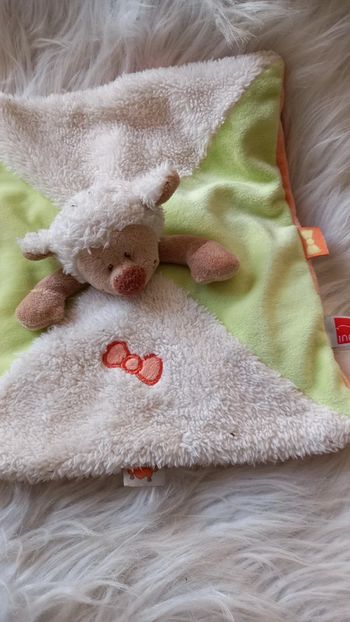 Doudou mouton carré plat blanc et vert - nœuds de papillons- Influx