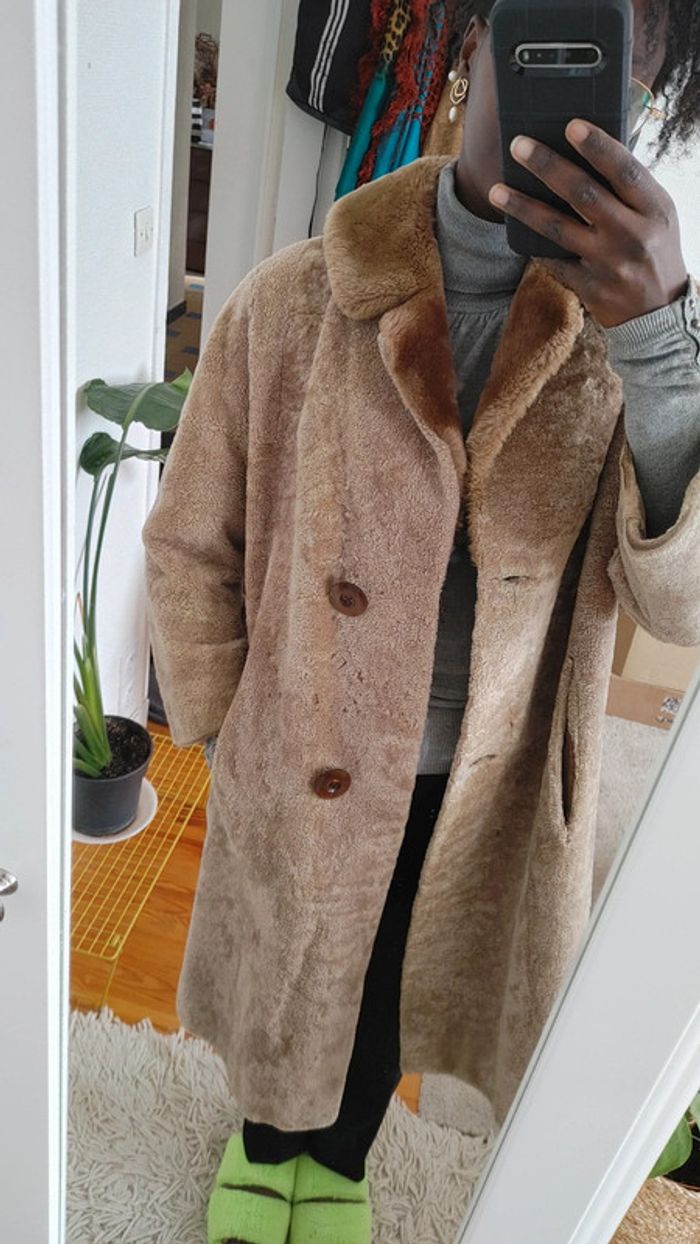 Beau manteau vintage en shearling montone peau de mouton retourné laine S M - photo numéro 18