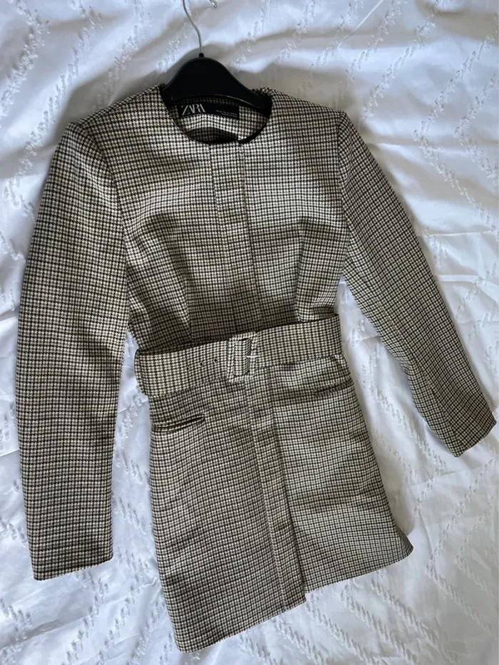 Robe Veste blazer Tailleur Zara pieds de poule avec ceinture taille XS - photo numéro 6