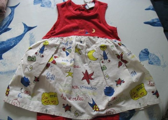 COMBI ROBE ÉCRUE A MOTIFS ET ROUGE BÉBÉ FILLE "CANARI" - 18 MOIS - n°01