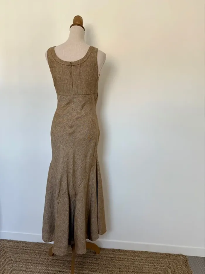 Robe longue marron bretelles été volant zip midi woman donna mujer 40 lin taupe Kleid dress Vestido - photo numéro 3
