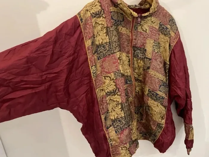 100% Silk Jacket vintage burgundy patchwork style Womens XXL - photo numéro 9