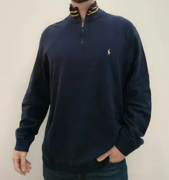 Pull homme 1/4 zippé Ralph Lauren taille XL Bleu avec col rayé jaune