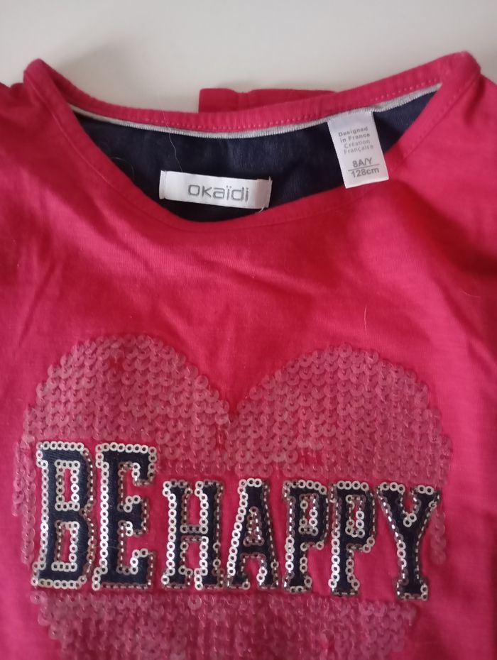 Tee-shirt manches longues..8 ans .Coton framboise ,marine avec sequins .. État neuf. - photo numéro 6