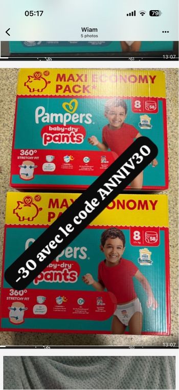 2 cartons de couches Pampers taille 8