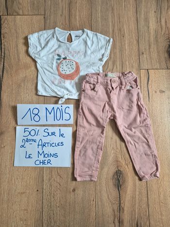 Ensemble Jean pantalon rose zara baby 12/18 mois et Tee-shirt manche courte sequins