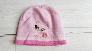 Vêtement fille bonnet rose motif chat 22 cm de large sans tirer