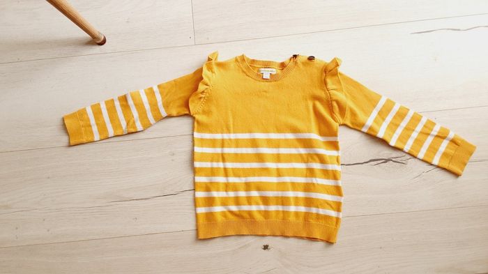 Vêtement fille pull moutarde rayé blanc Vert Baudet 3 ans