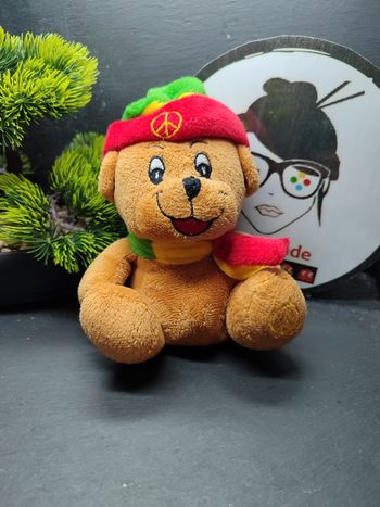 Peluche ours marron reggae Echarpe rouge jaune vert eluz rasta peace Bonnet 