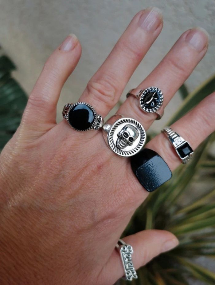 A36 lot de 6 bagues gothic rétro biker chromé argenté tendance diverses taille.neuves