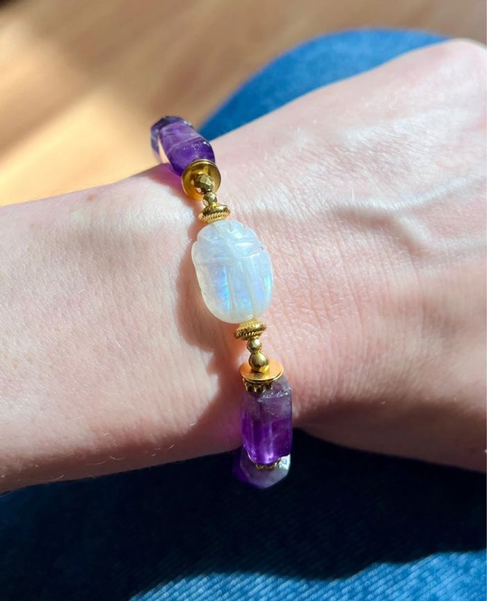 Bracelet amulette scarabée Pierre de Lune et Améthyste - photo numéro 2