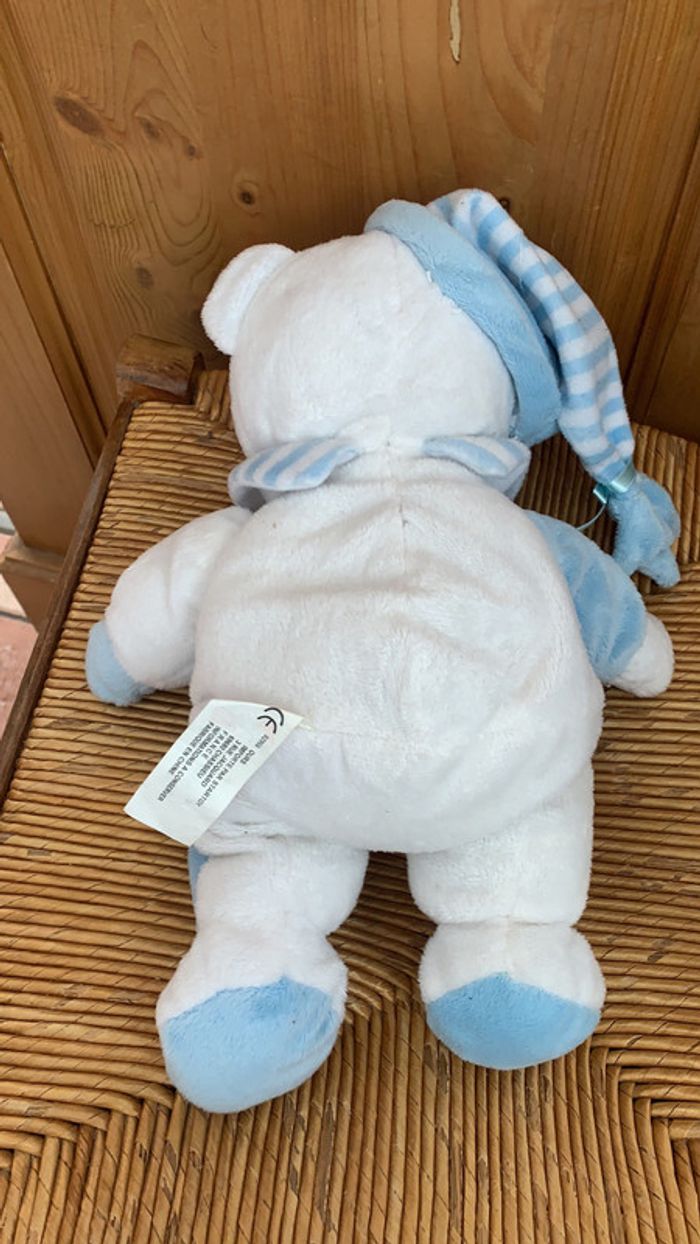 Peluche ourson avec bonnet bébé bleu blanc - photo numéro 4